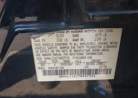 2007 Nissan Altima 2.5 S z USA, uszkodzony, nr VIN 1N4AL21E27N437521
